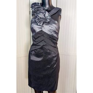 Jessica McClintock Silver One Shoulder Rosette Cocktail Dress Metallic Sz 12